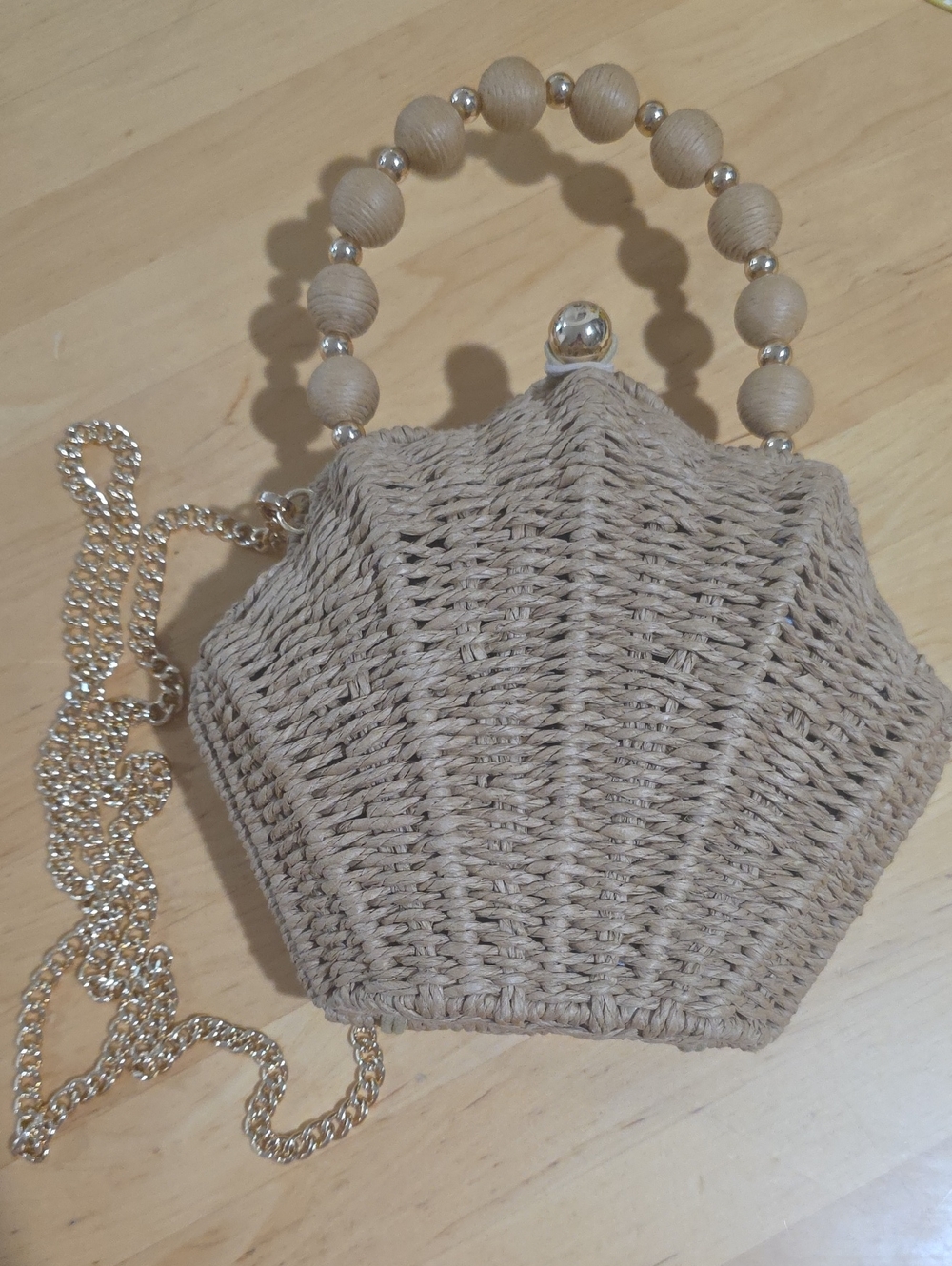 Victoria Secret Beaded Handle Woven Shell Crossbody Bag - Beige